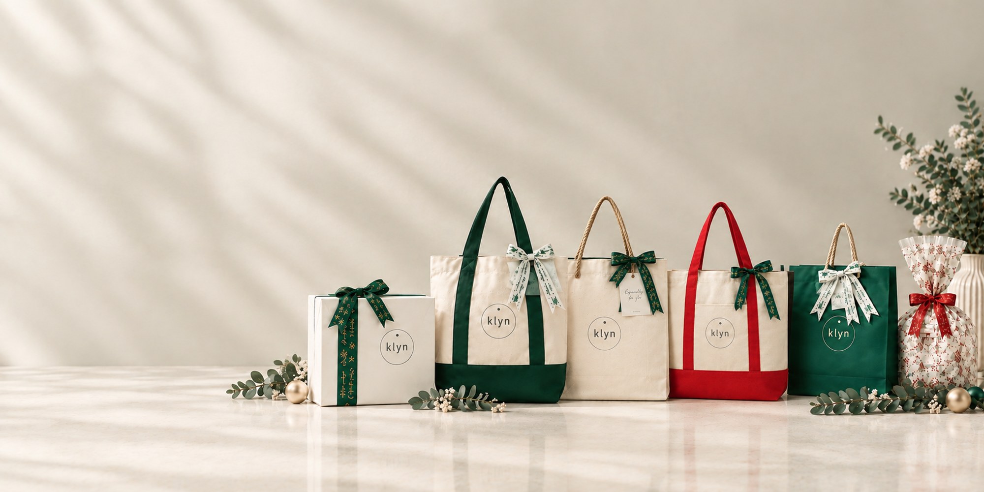Jajaran kemasan Klyn Gift — gift box, tote bag, dan paper bag dengan pita